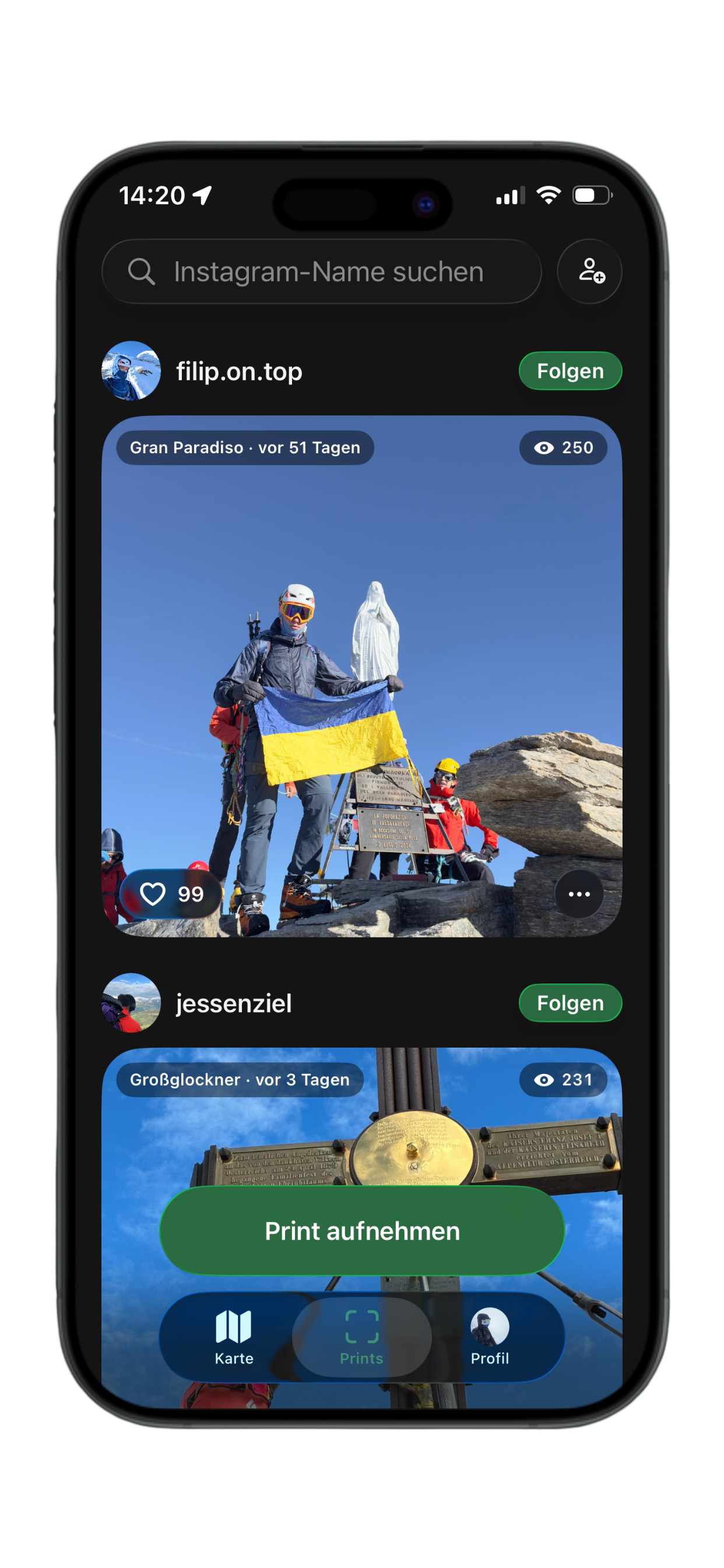 Der Prints-Feed in der PeakPrint-App